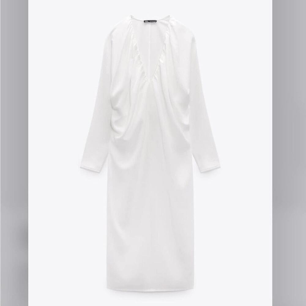 Zara White LONG RUCHED DRESS Size Medium - Picture 12 of 12